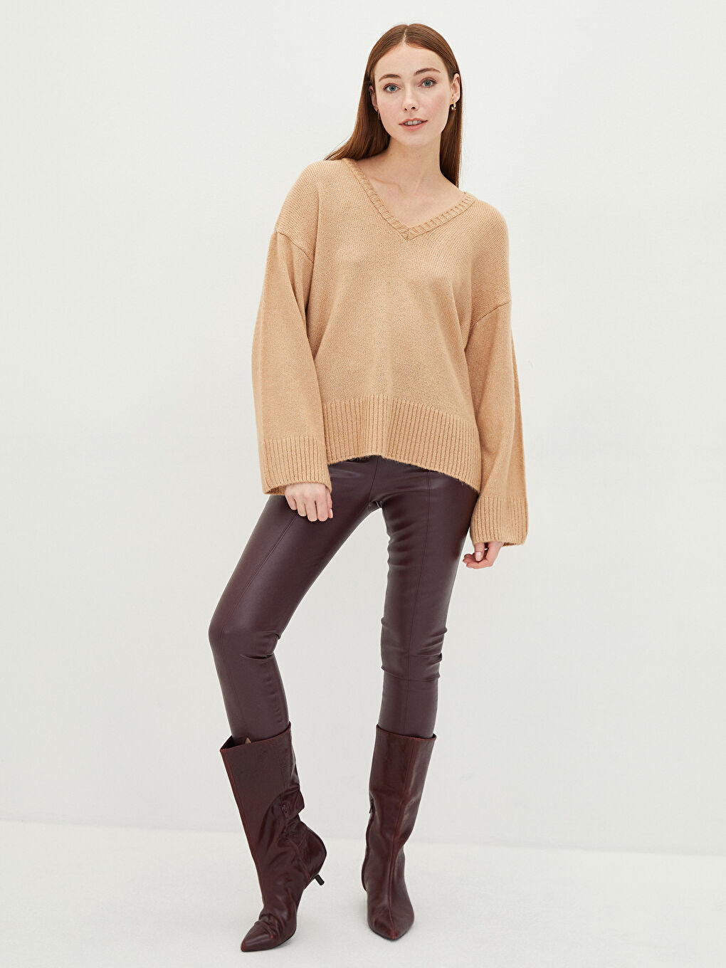 Свитер из трикотажа с V-образным вырезом, однотонный, с длинным рукавом для женщин-1