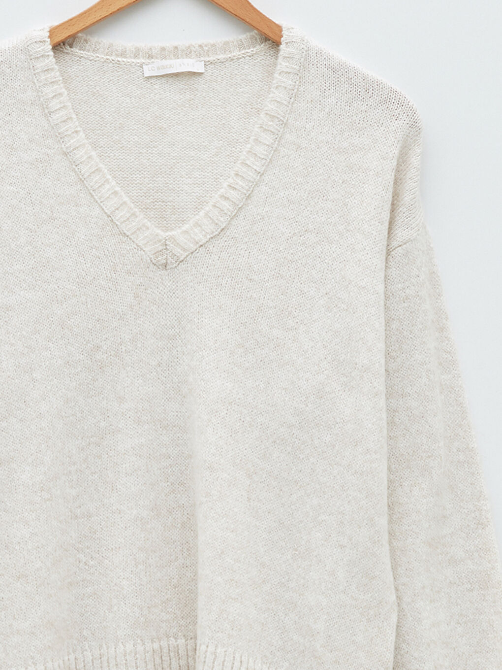 әйелдерге арналған трикотаж өрнексіз ұзын жең v жағалы жемпір-7