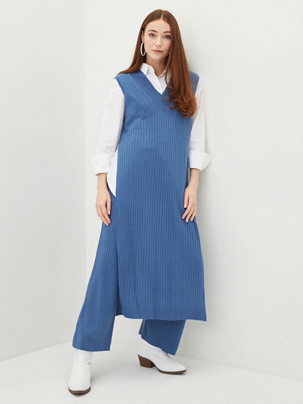 Mavi Kadın V Yaka Düz Kolsuz Triko Tunik-1