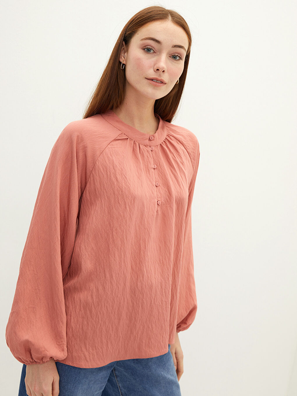 Crew Neck Straight Long Sleeve Gabardine Fabric Women's Blouse