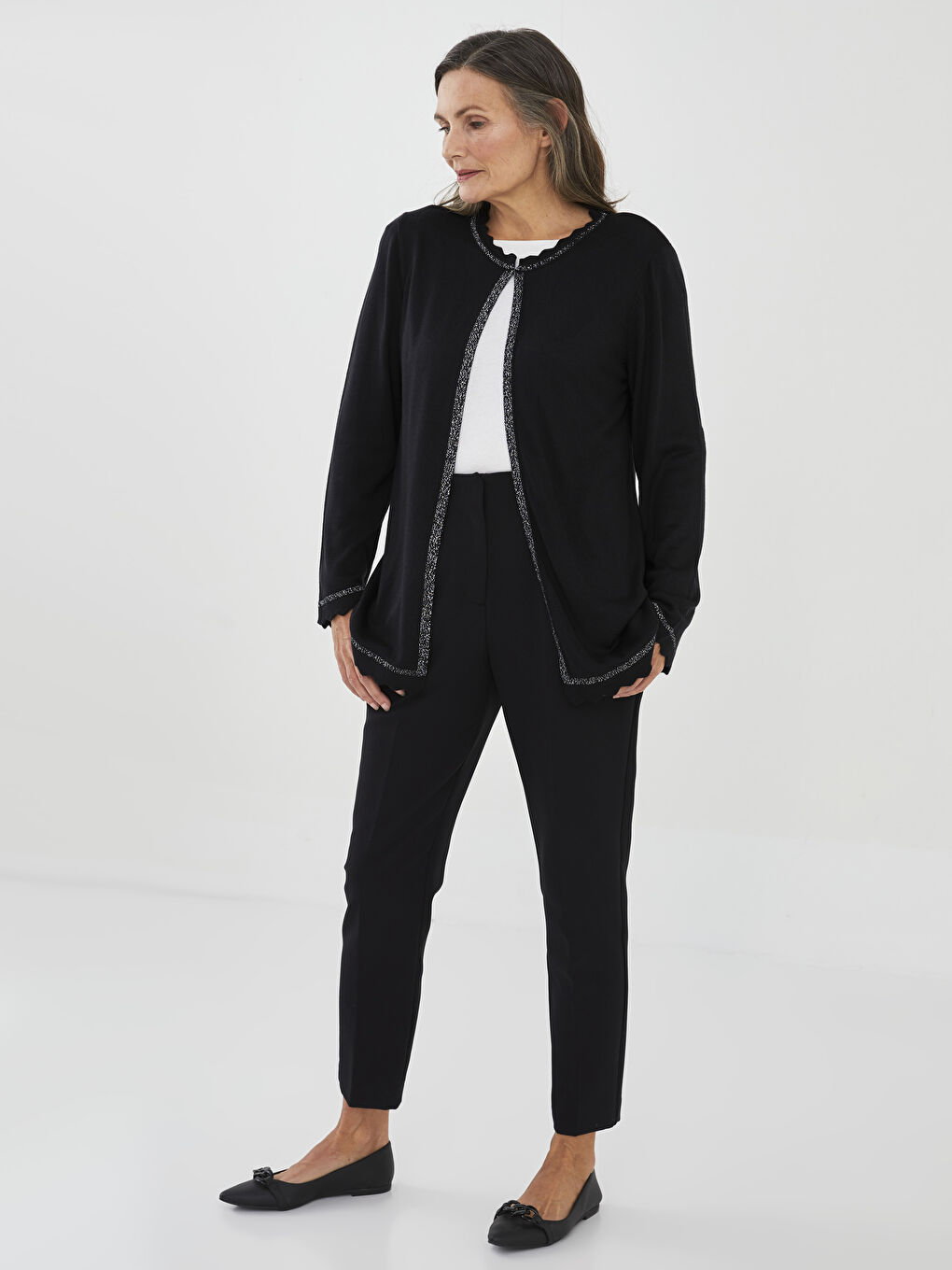 كارديجان تريكو كم طويل بياقة دائرية بتفاصيل مخططة للسيدات-2