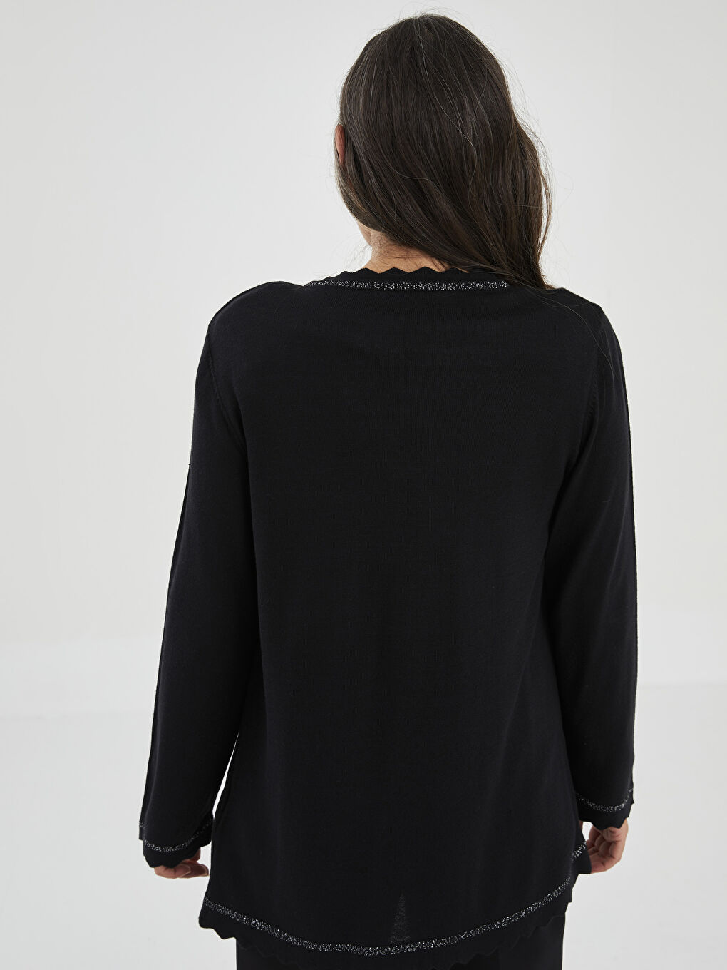 كارديجان تريكو كم طويل بياقة دائرية بتفاصيل مخططة للسيدات-3