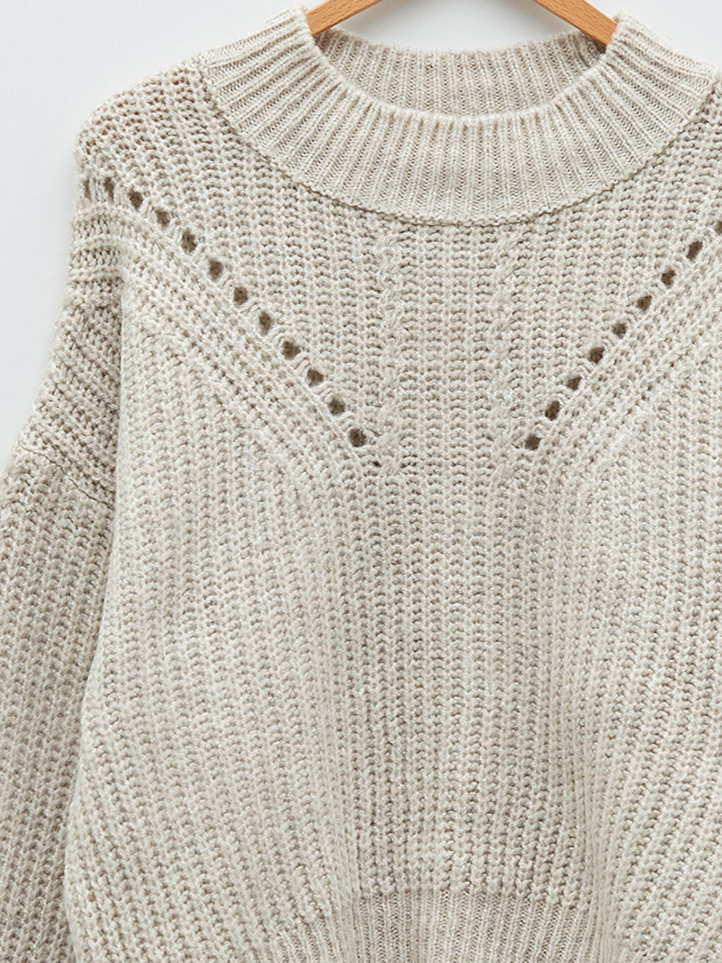 Bej Bisiklet Yaka Kendinden Desenli Uzun Kollu Oversize Kadın Triko Kazak-7