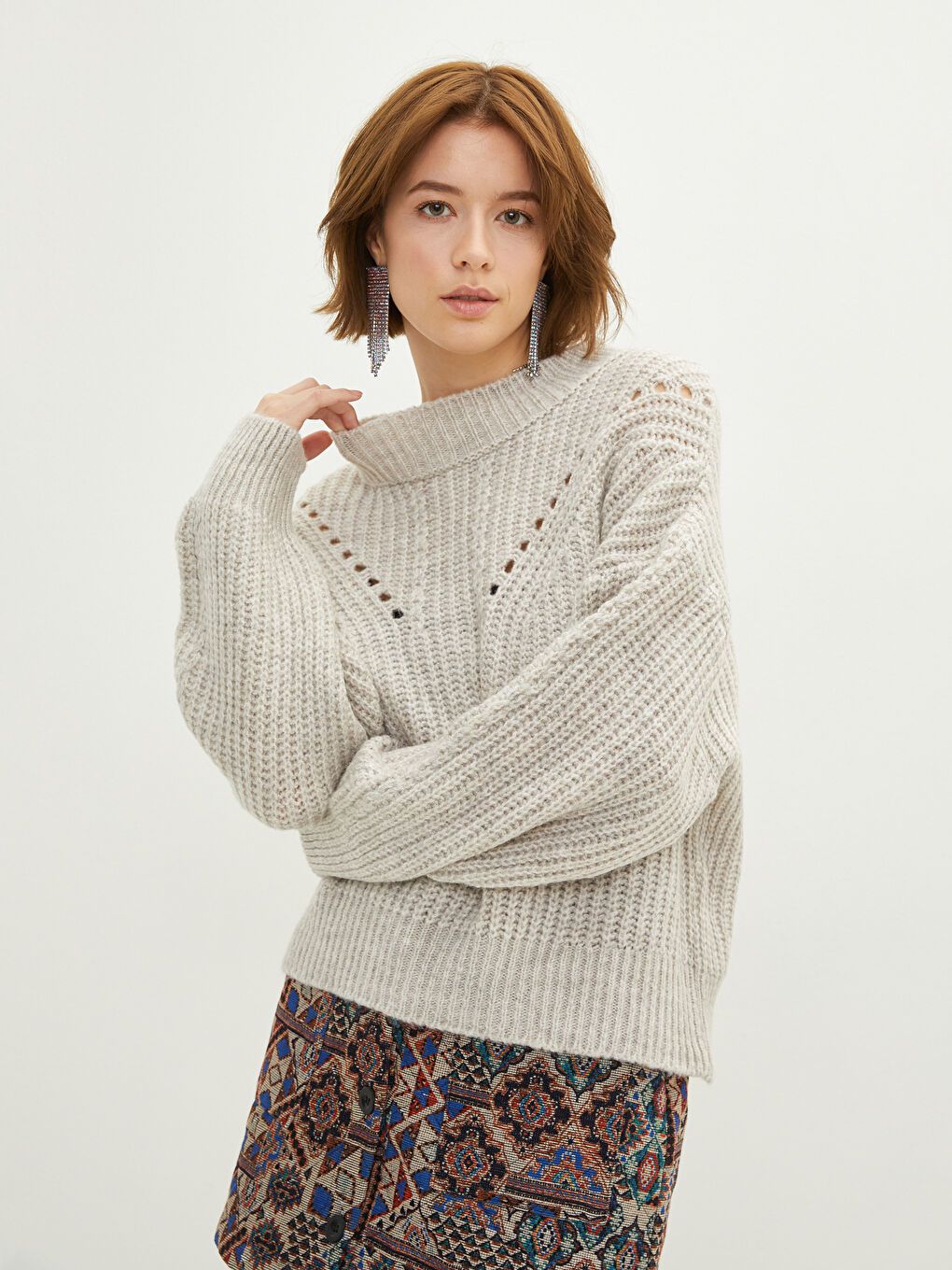 Bej Bisiklet Yaka Kendinden Desenli Uzun Kollu Oversize Kadın Triko Kazak