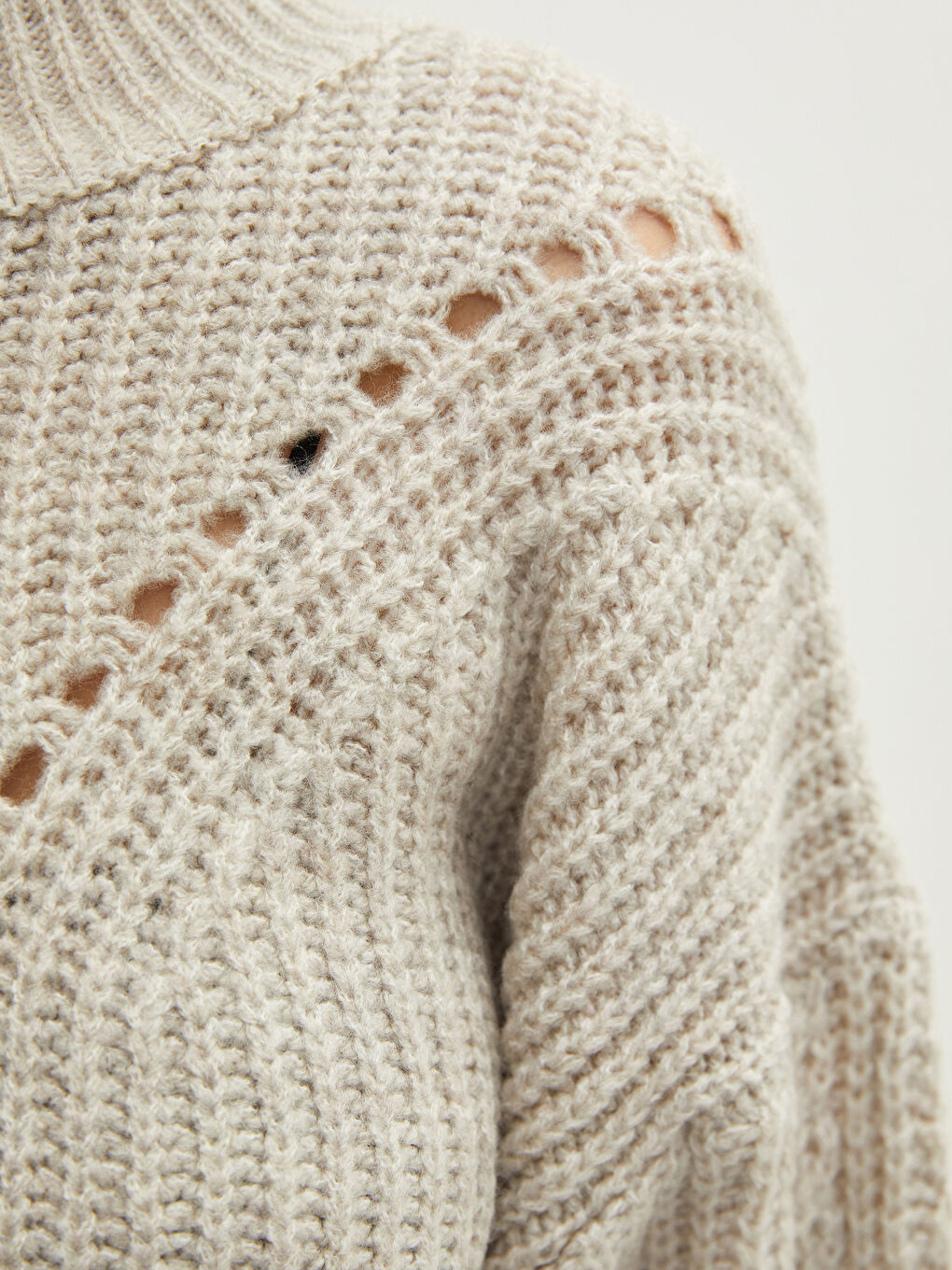 Bej Bisiklet Yaka Kendinden Desenli Uzun Kollu Oversize Kadın Triko Kazak-3