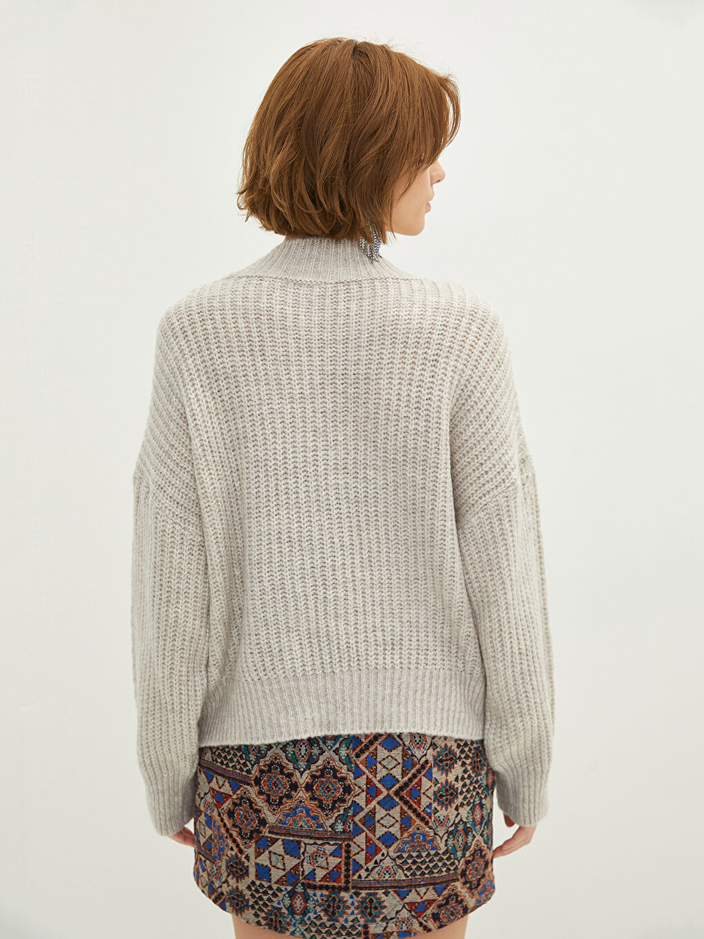 Bej Bisiklet Yaka Kendinden Desenli Uzun Kollu Oversize Kadın Triko Kazak-4