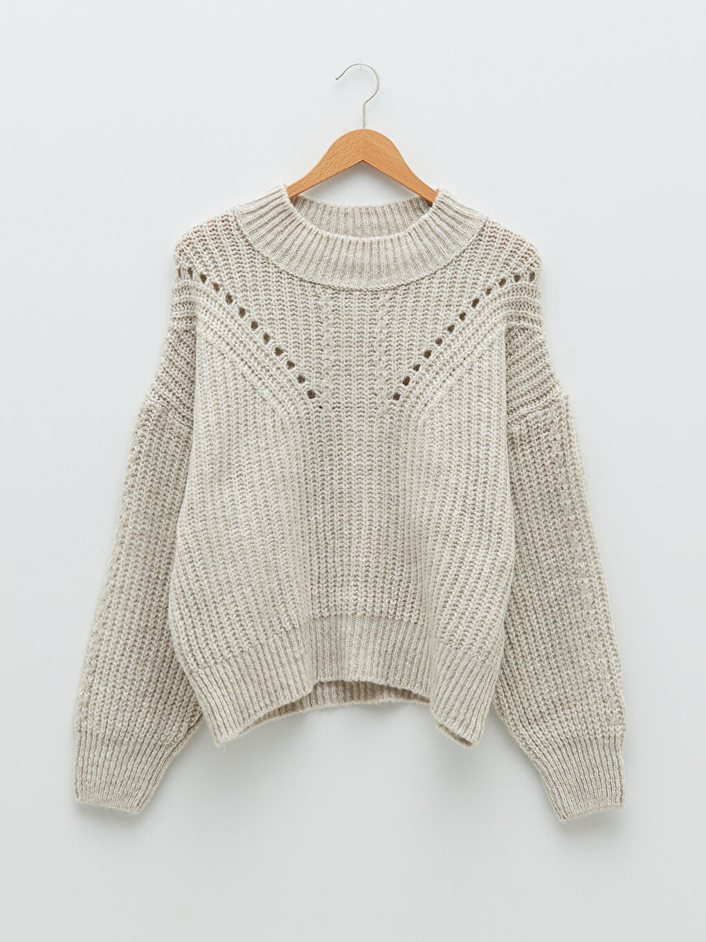 Bej Bisiklet Yaka Kendinden Desenli Uzun Kollu Oversize Kadın Triko Kazak-5