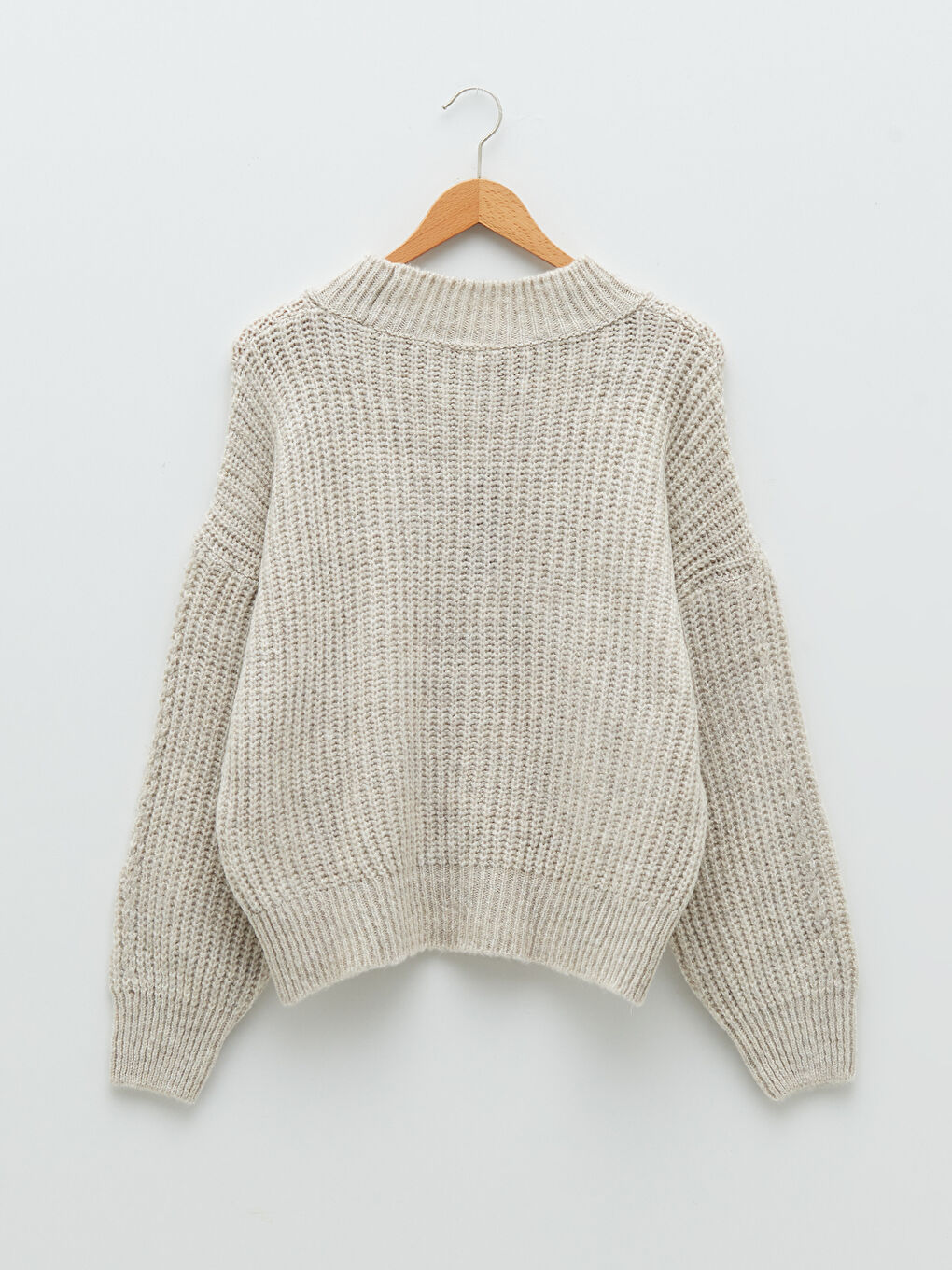 Bej Bisiklet Yaka Kendinden Desenli Uzun Kollu Oversize Kadın Triko Kazak-6