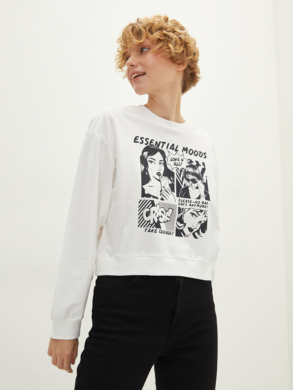 Crew Neck Printed Long Sleeve Cotton Women's Sweatshirt-1