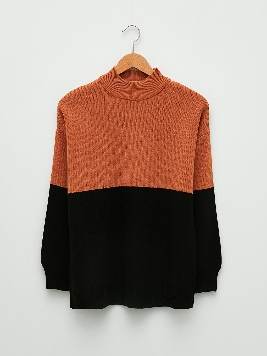 Kahverengi Dik Yaka Renk Bloklu Uzun Kollu Kadın Triko Tunik-5