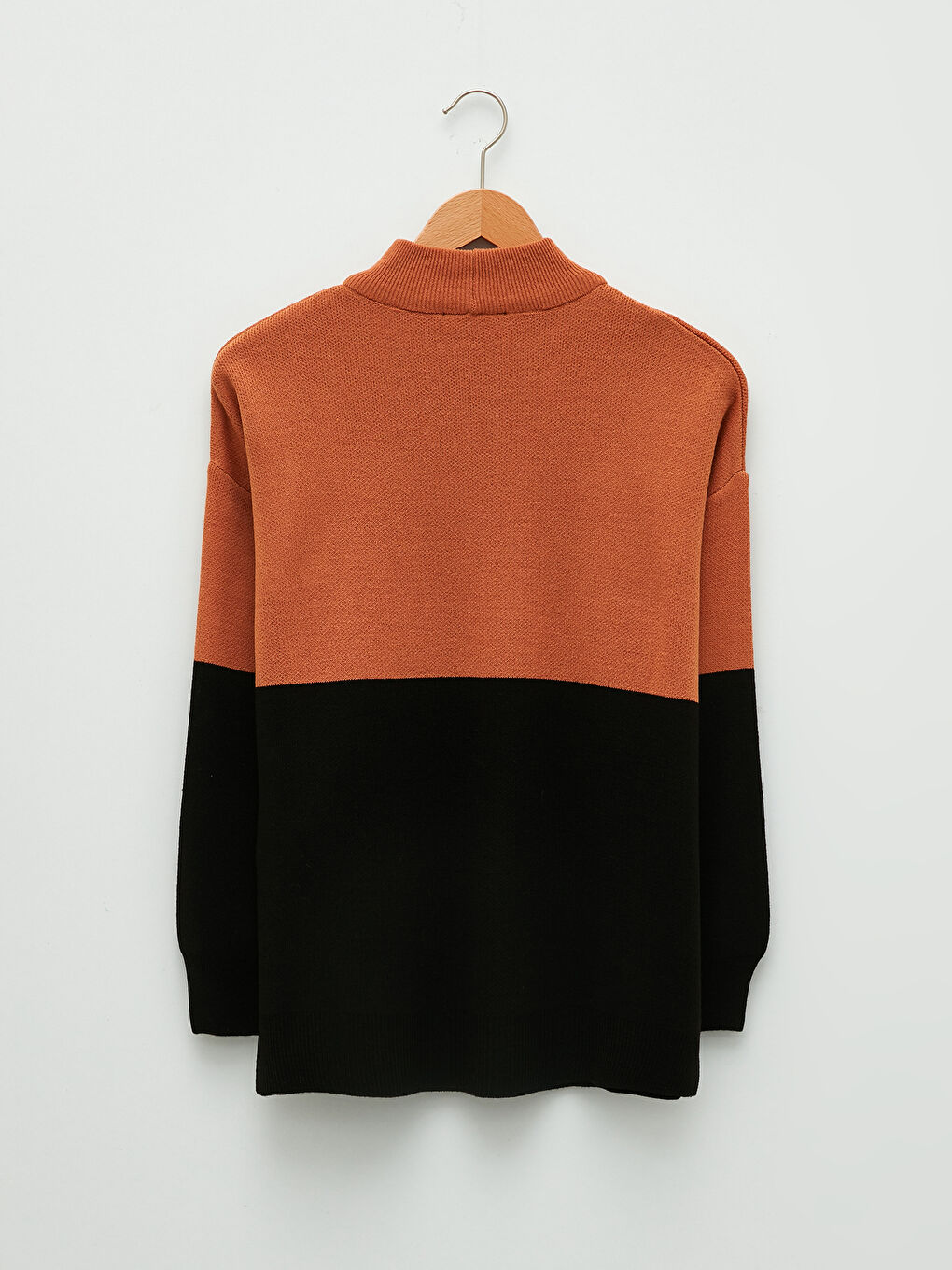 Kahverengi Dik Yaka Renk Bloklu Uzun Kollu Kadın Triko Tunik-6