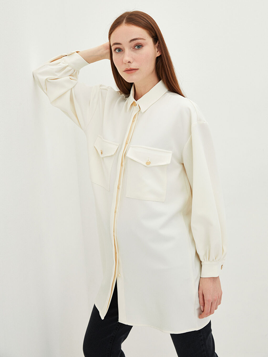 Long Sleeve Oversize Dobby Fabric Women's Shirt Tunic with Pocket Detail