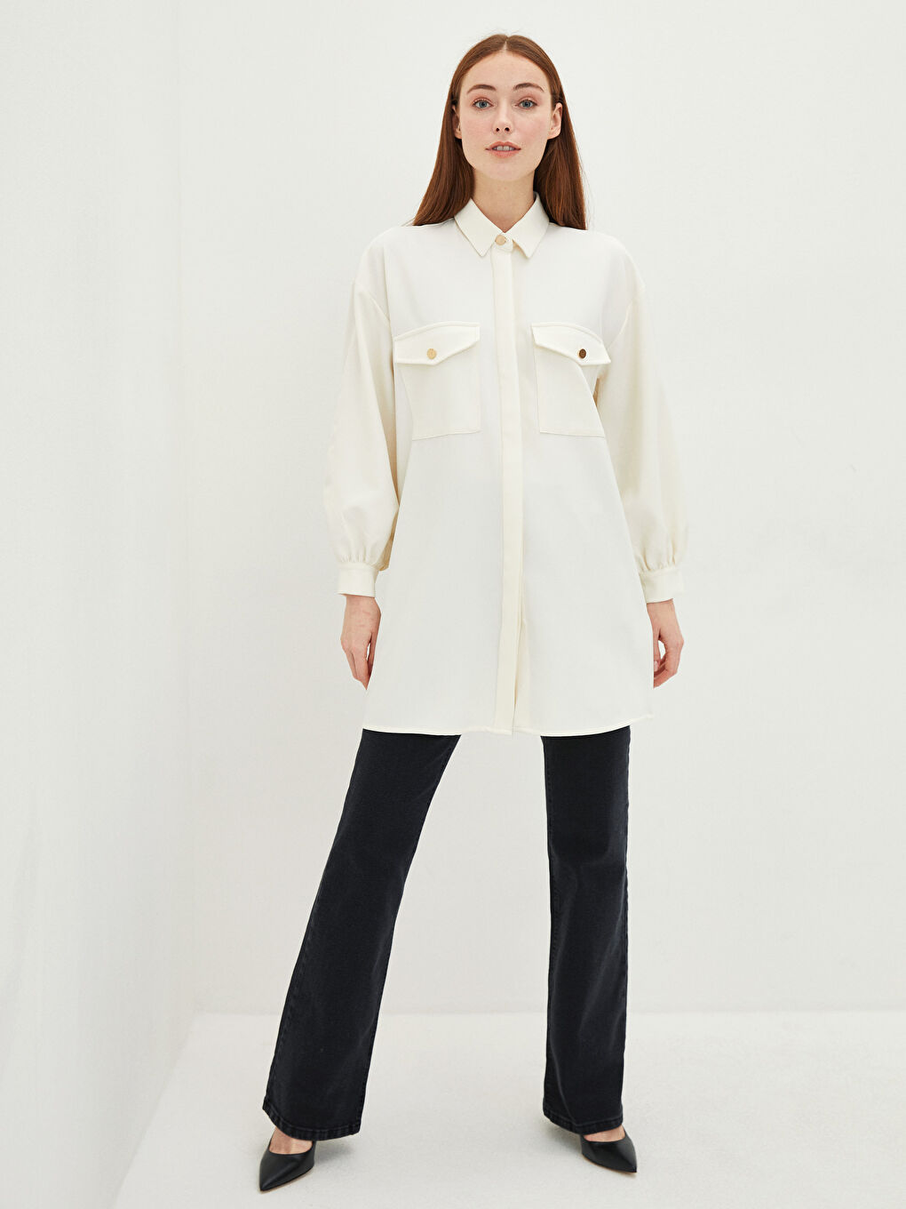 Long Sleeve Oversize Dobby Fabric Women's Shirt Tunic with Pocket Detail-1