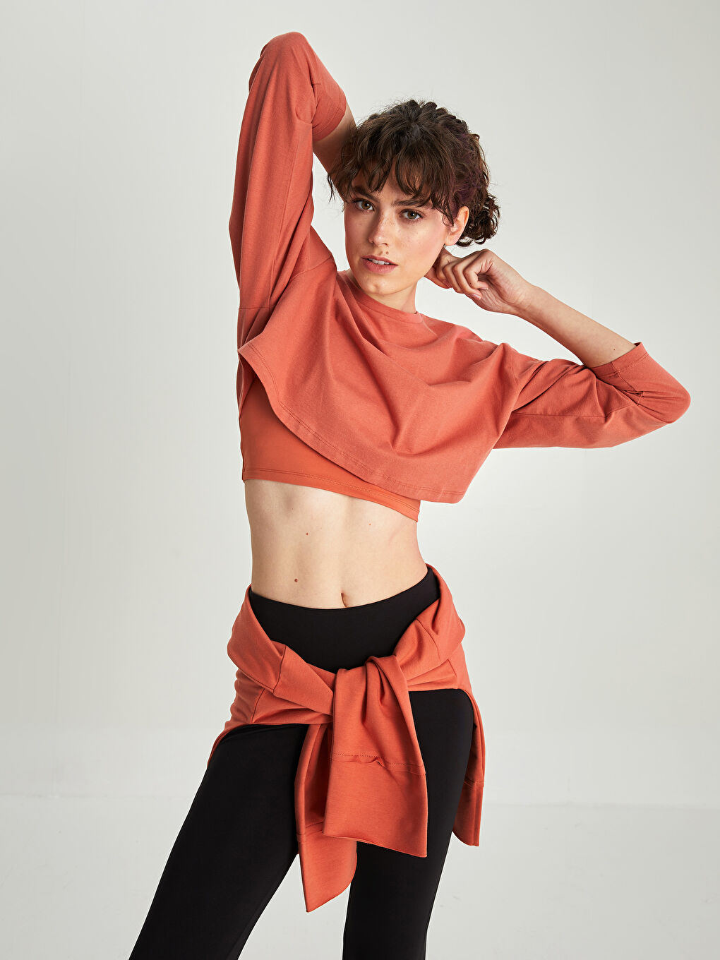 XSIDE ACTIVE Kiremit Bisiklet Yaka Düz Uzun Kollu Crop Pamuklu Kadın Spor Sweatshirt