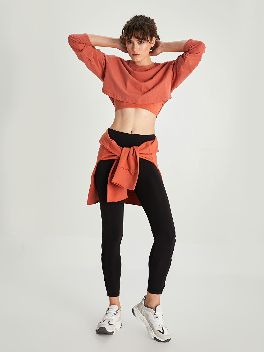 XSIDE ACTIVE Kiremit Bisiklet Yaka Düz Uzun Kollu Crop Pamuklu Kadın Spor Sweatshirt - 3