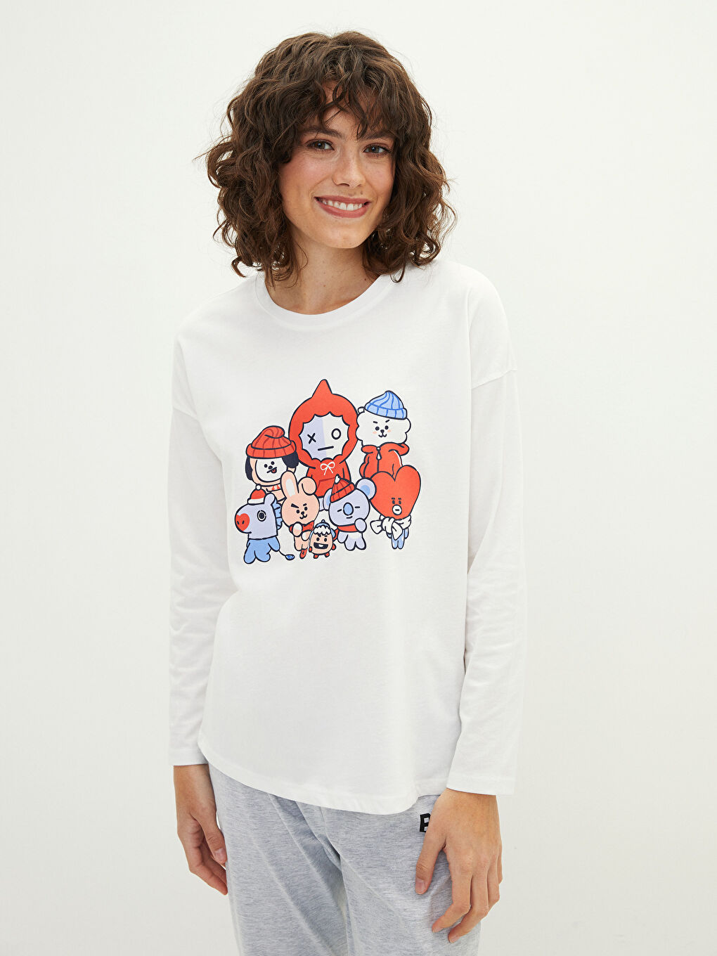 Gri Bisiklet Yaka Baskılı Uzun Kollu Kadın Pijama Takımı-2