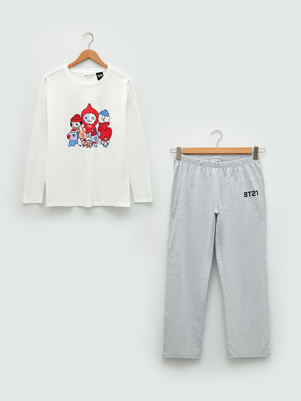 Gri Bisiklet Yaka Baskılı Uzun Kollu Kadın Pijama Takımı-5