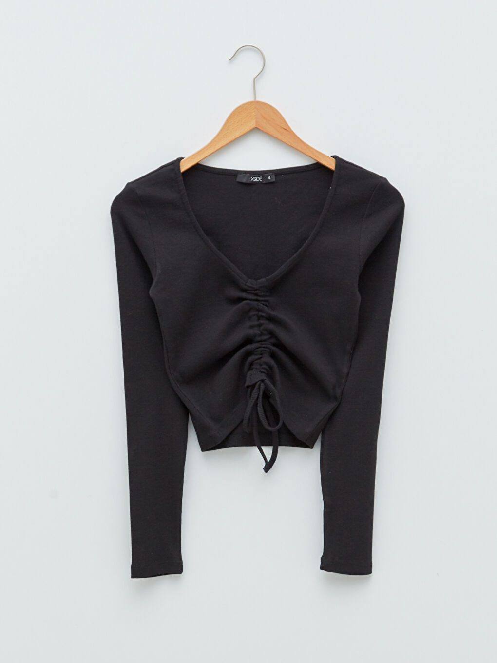 Bluză Crop pentru Femei cu Mânecă Lungă și Detalii Încrețite la Decolteu în V-5