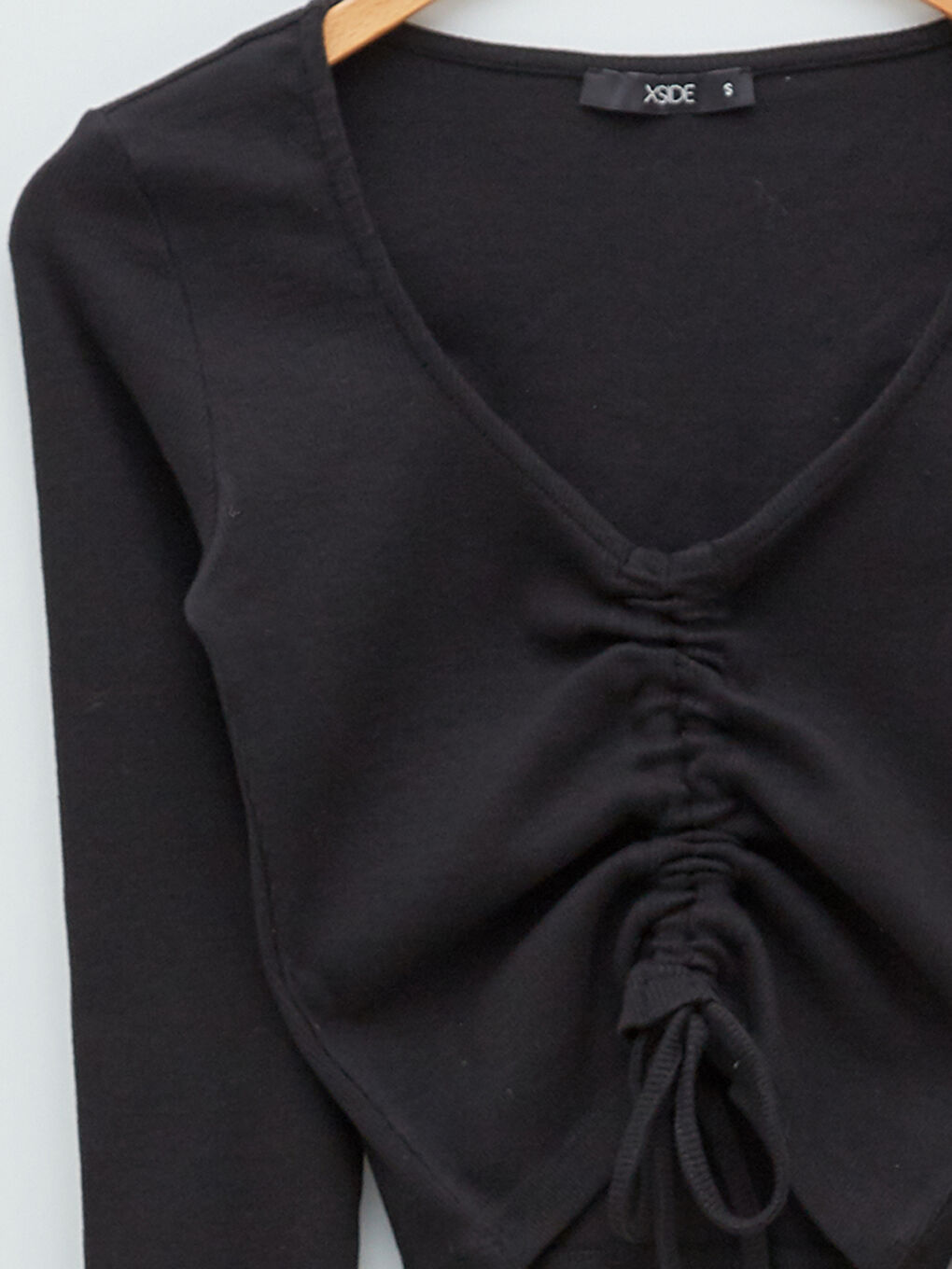 Bluză Crop pentru Femei cu Mânecă Lungă și Detalii Încrețite la Decolteu în V-7