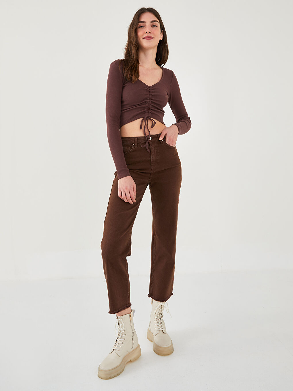 XSIDE V Neck Shirr Detailed Long Sleeve Crop Women's Blouse -W1JB34Z8-RWU