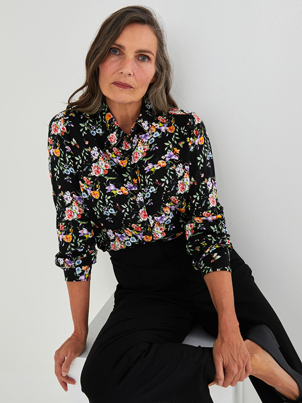 Hemd Kragenhals Blumig Langarm Viskose Damenhemd