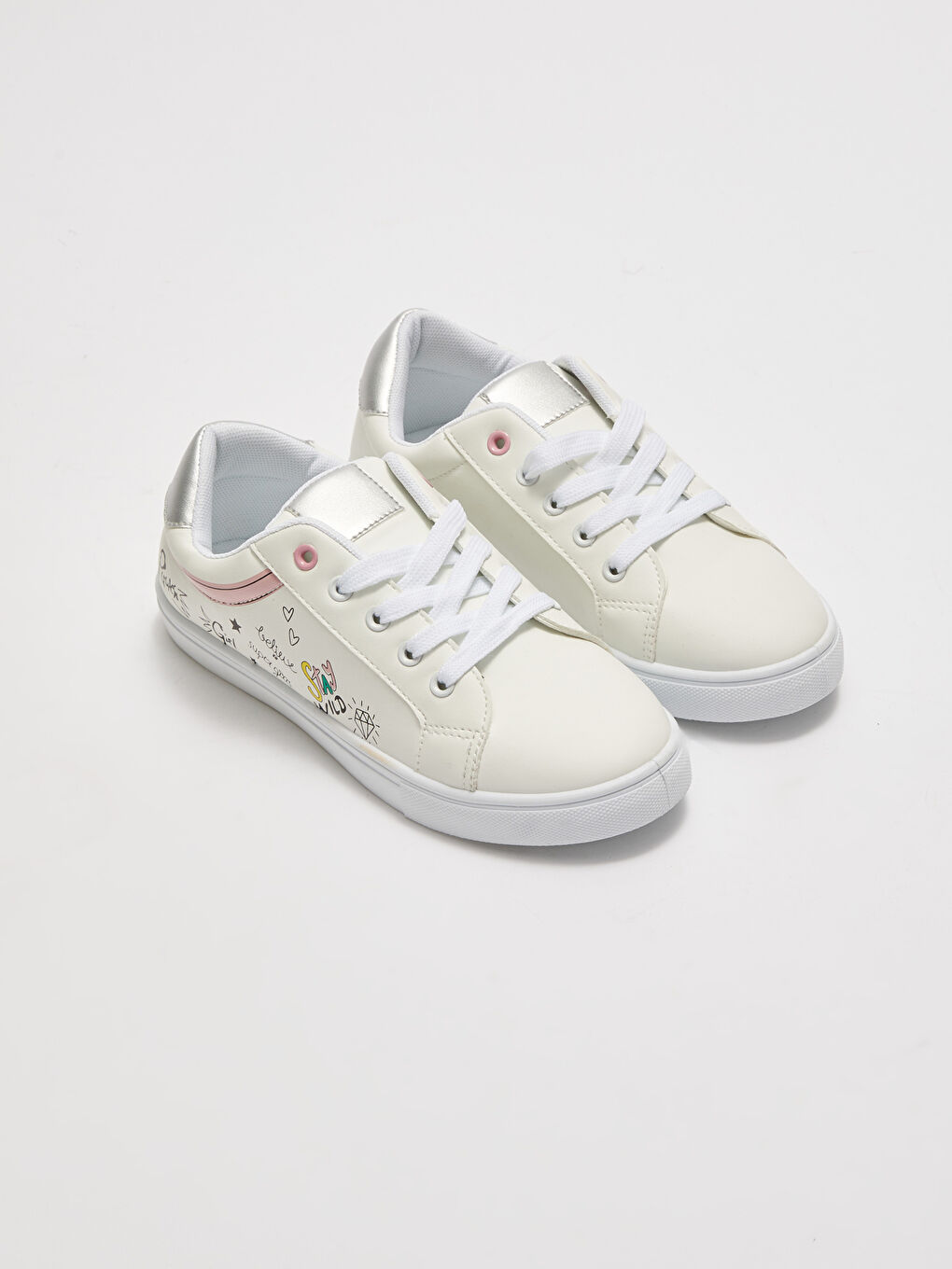 Leather Look Printed Lace-Up Girls' Sneakers