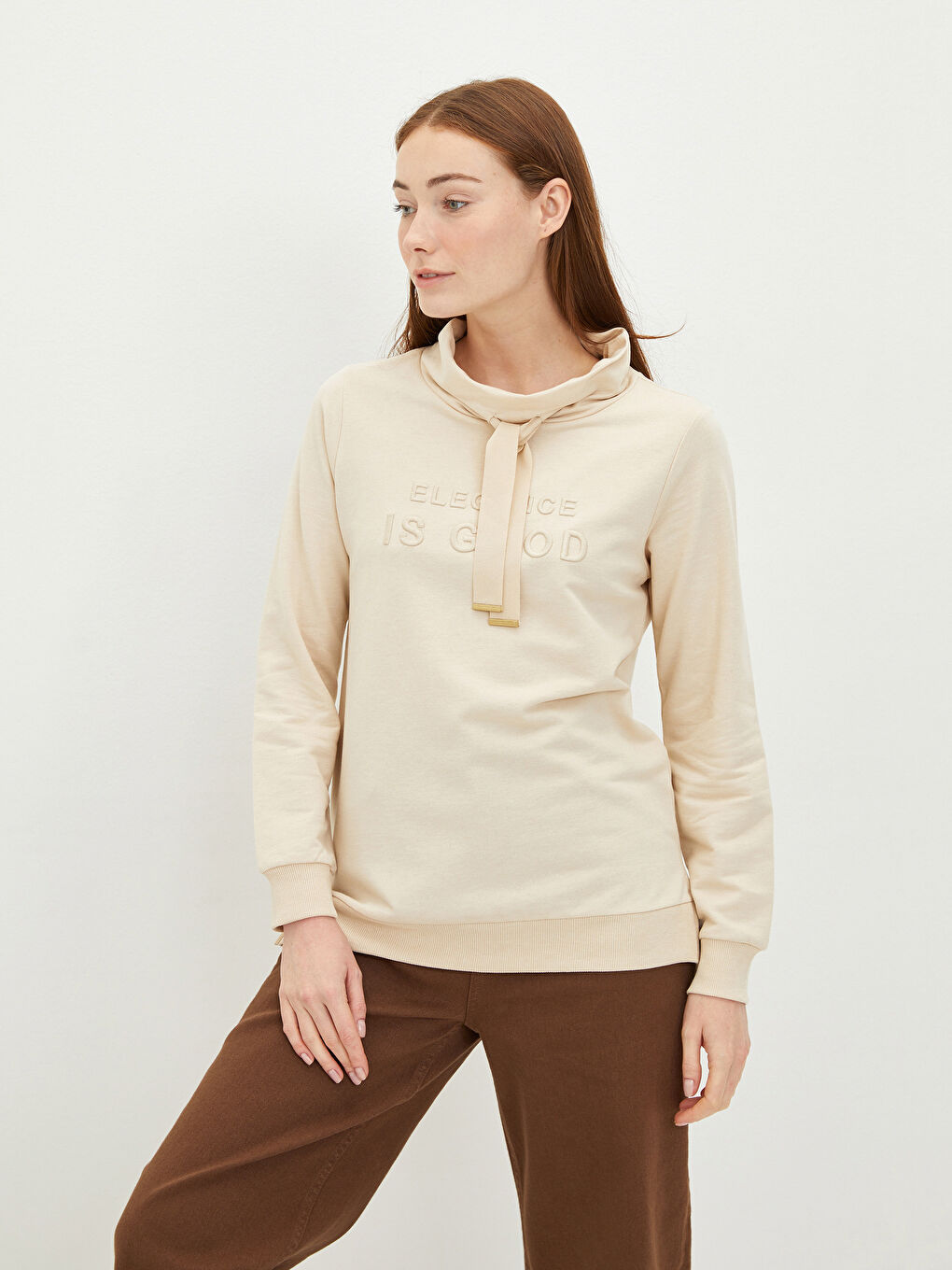 Stand Up Collar Embroidered Long Sleeve Women's Sweatshirt