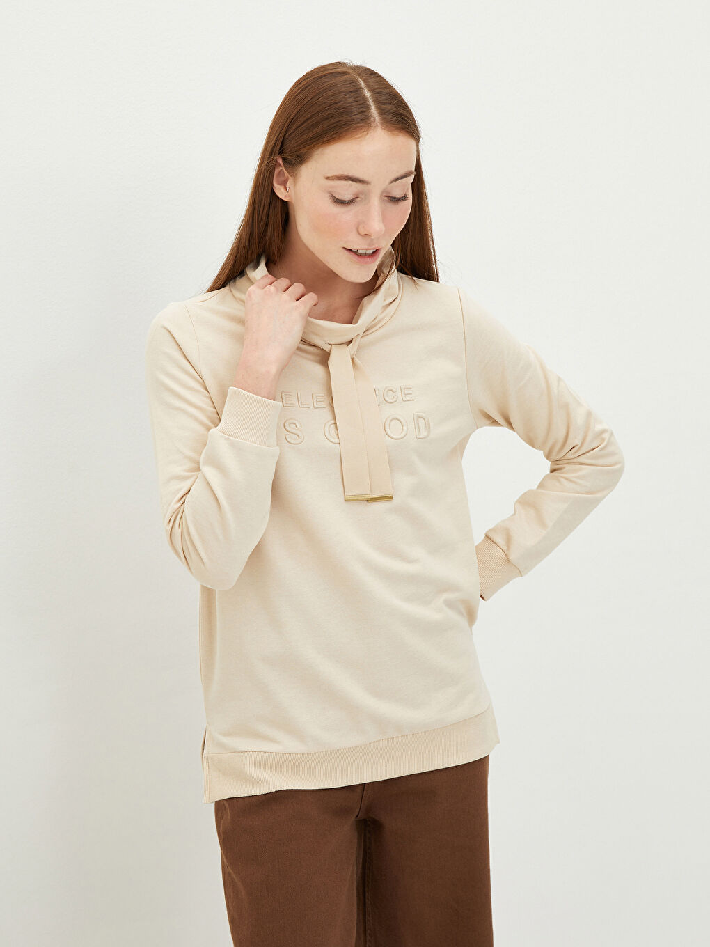 Stand Up Collar Embroidered Long Sleeve Women's Sweatshirt-4