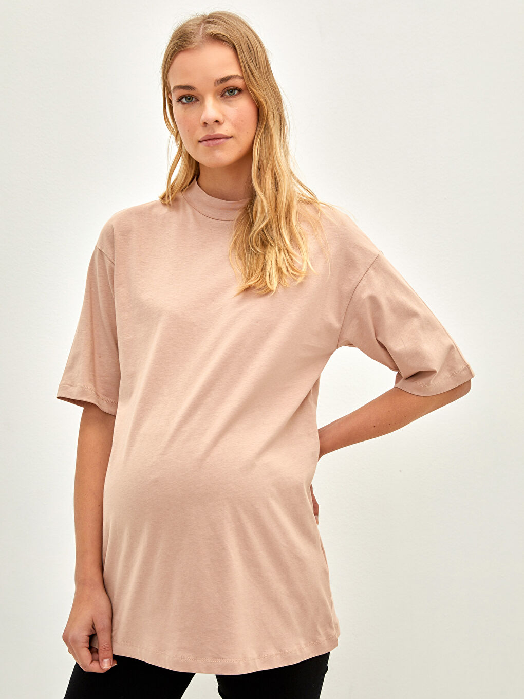 Bej Bisiklet Yaka Düz Kısa Kollu Pamuklu Hamile Tunik