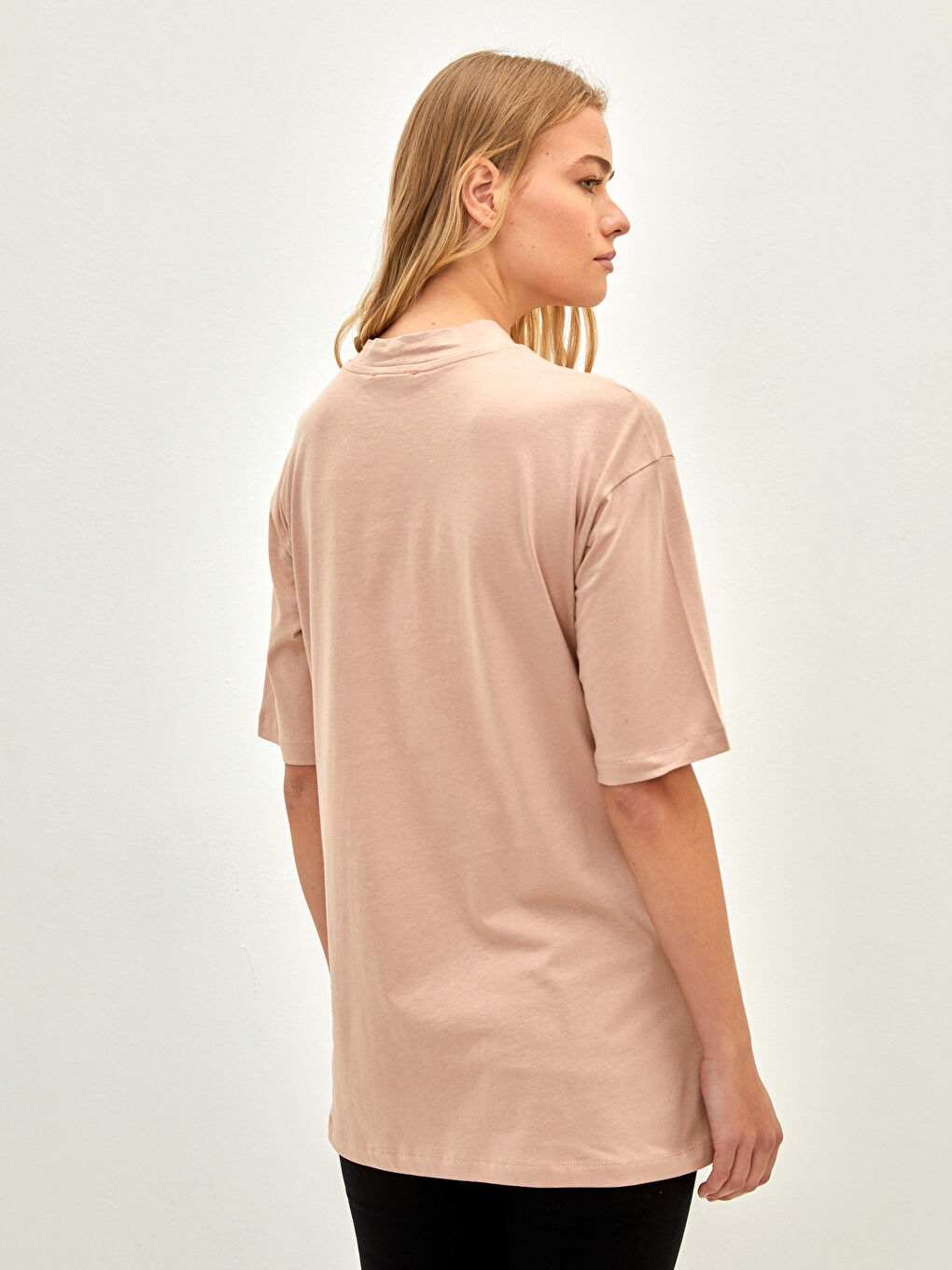 Bej Bisiklet Yaka Düz Kısa Kollu Pamuklu Hamile Tunik-3