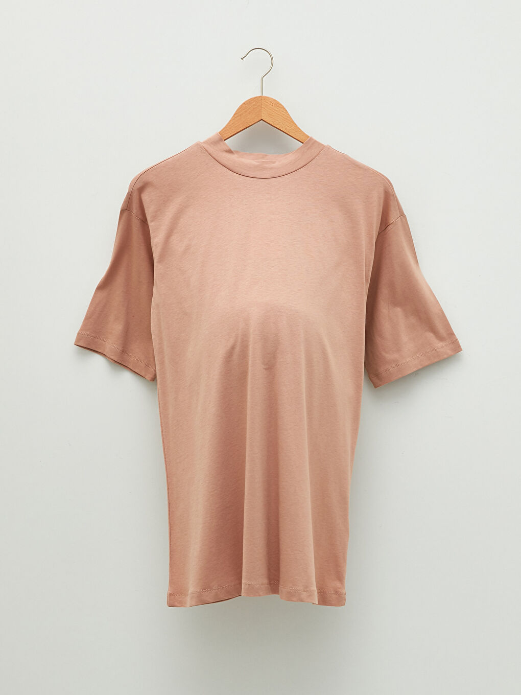 Bej Bisiklet Yaka Düz Kısa Kollu Pamuklu Hamile Tunik-4