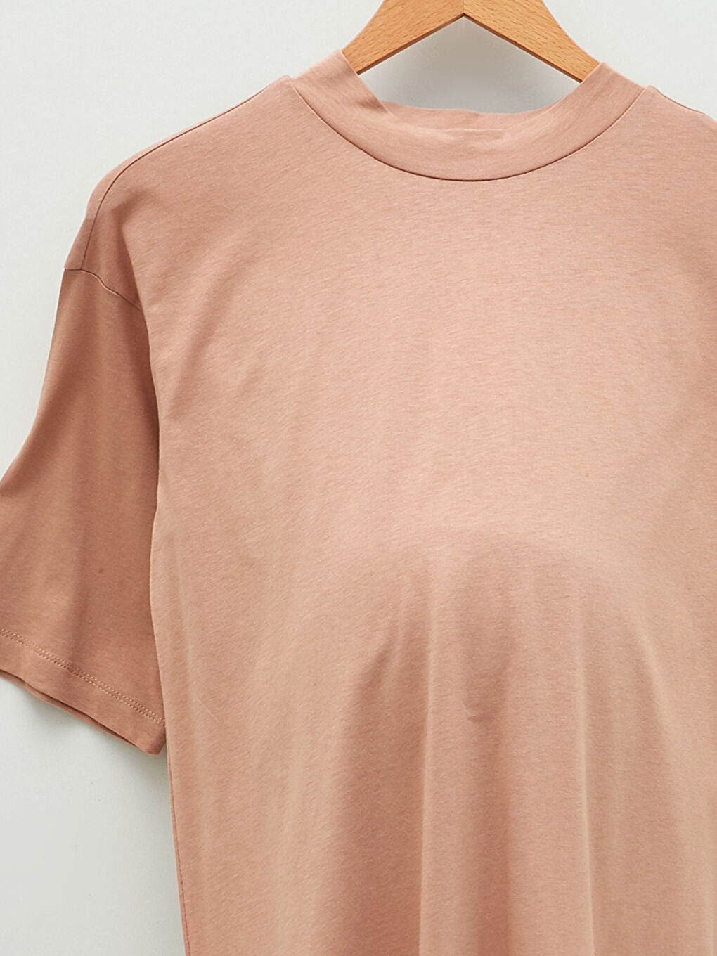 Bej Bisiklet Yaka Düz Kısa Kollu Pamuklu Hamile Tunik-6