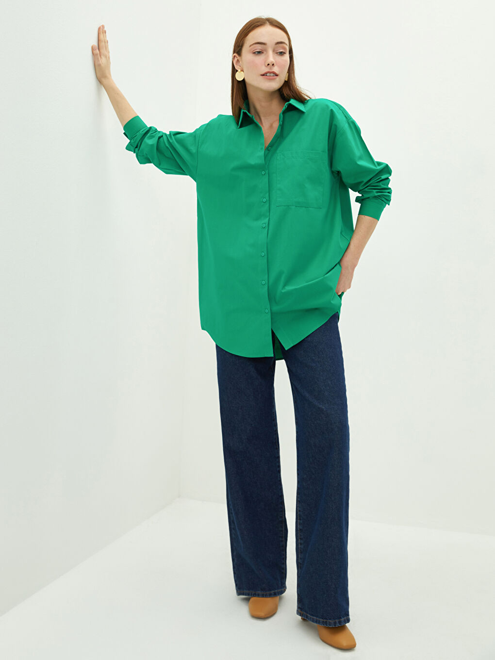 Front Button Closure Pocket Detailed Long Sleeve Poplin Women's Shirt