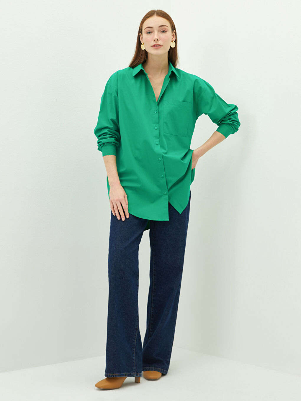 Front Button Closure Pocket Detailed Long Sleeve Poplin Women's Shirt-1