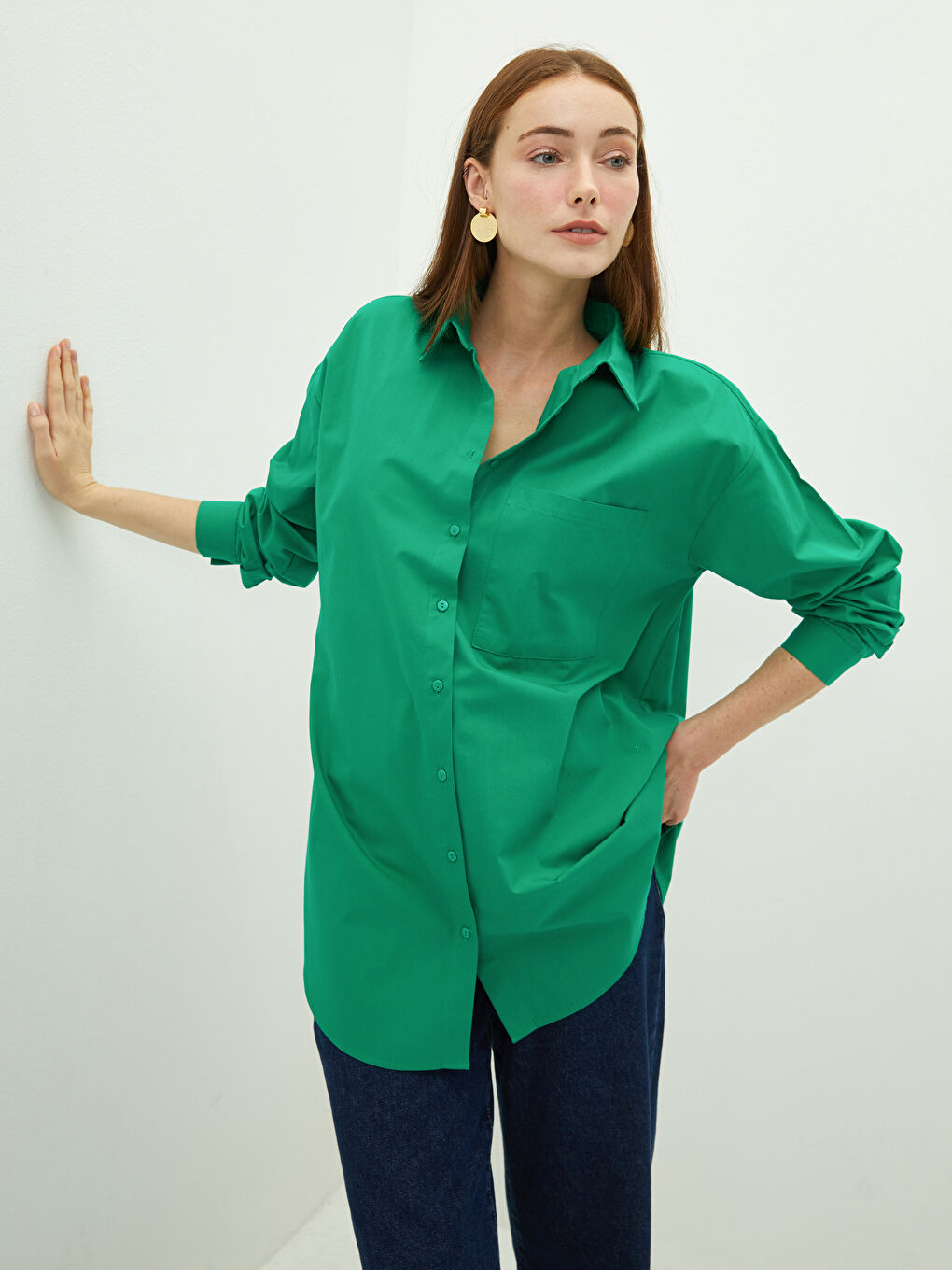 Front Button Closure Pocket Detailed Long Sleeve Poplin Women's Shirt-2