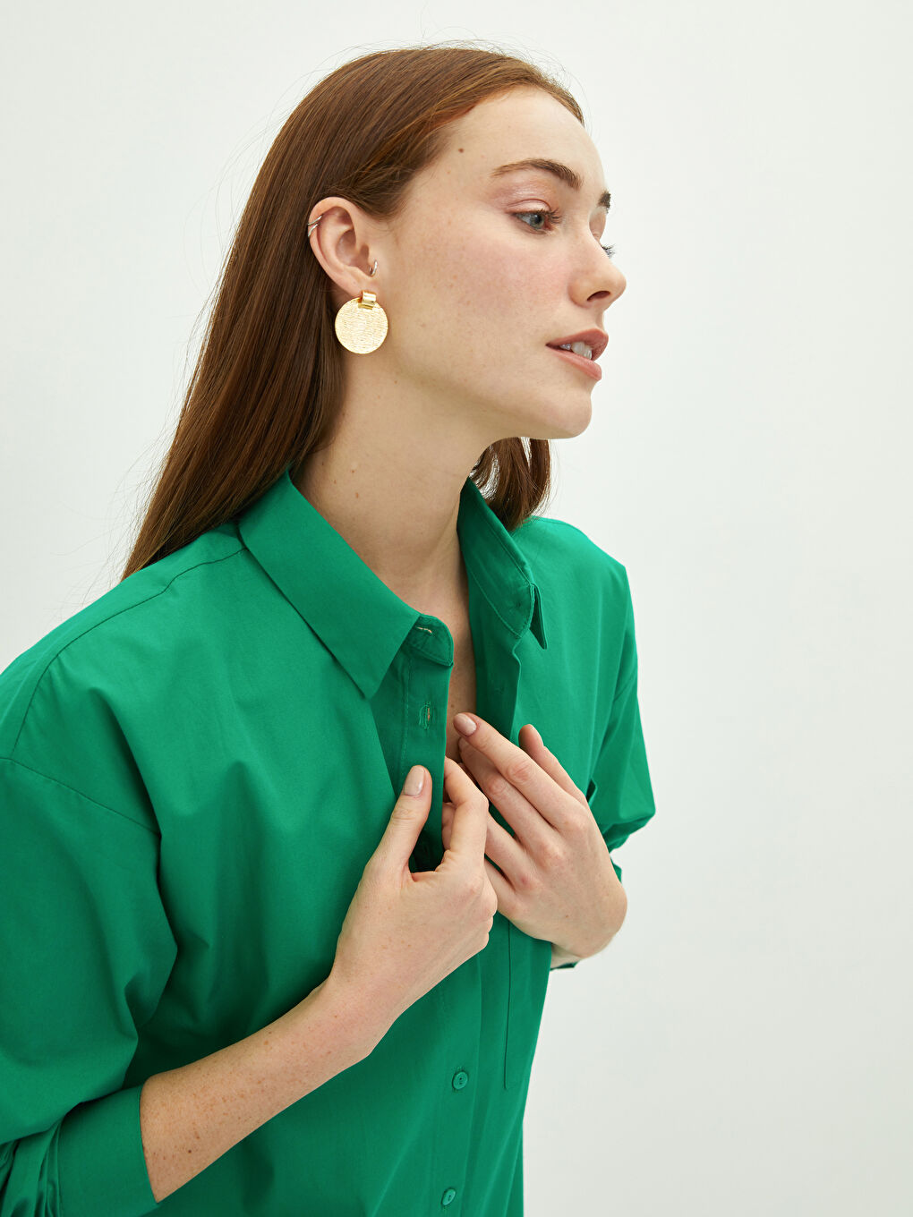 Front Button Closure Pocket Detailed Long Sleeve Poplin Women's Shirt-3