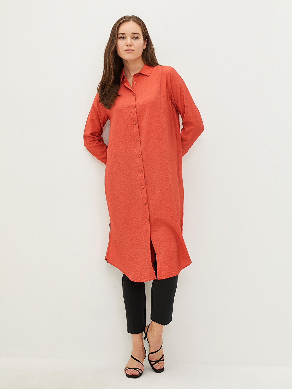 Kırmızı Düz Uzun Kollu Kadın Gömlek Tunik