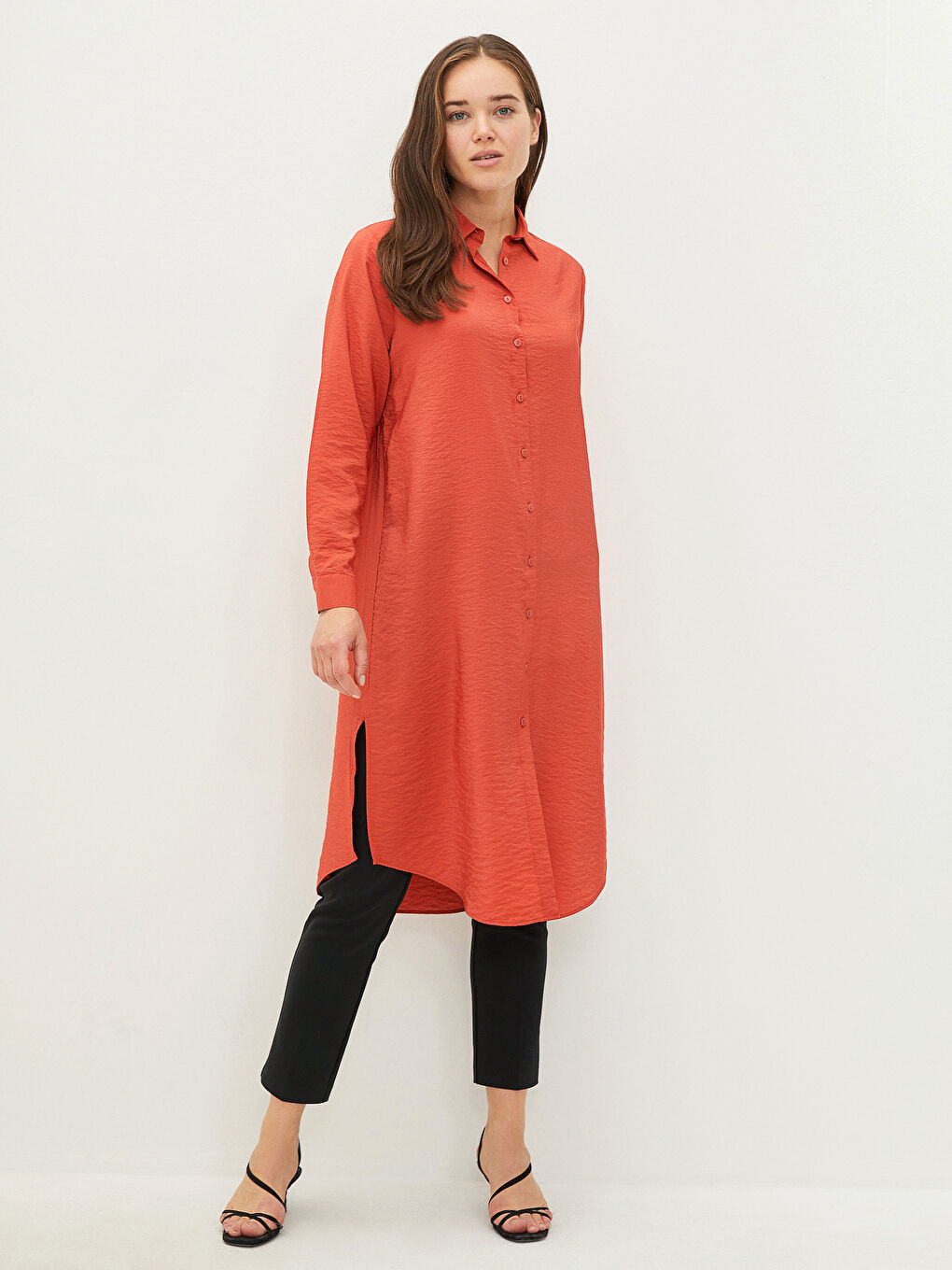 Kırmızı Düz Uzun Kollu Kadın Gömlek Tunik-1