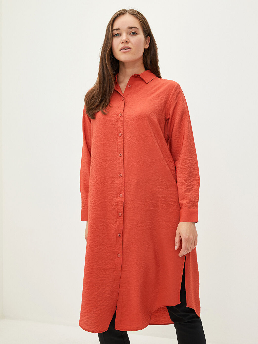 Kırmızı Düz Uzun Kollu Kadın Gömlek Tunik-2