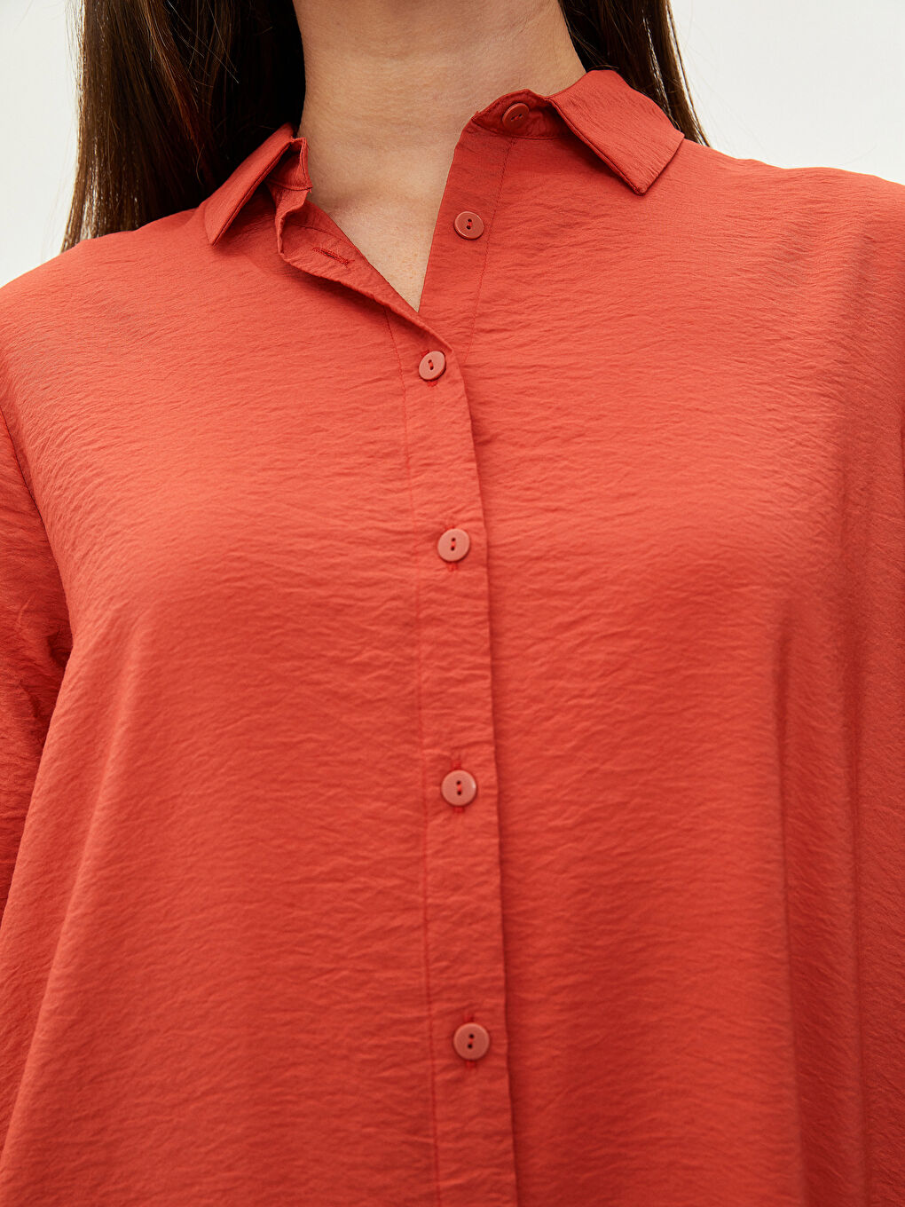 Kırmızı Düz Uzun Kollu Kadın Gömlek Tunik-3