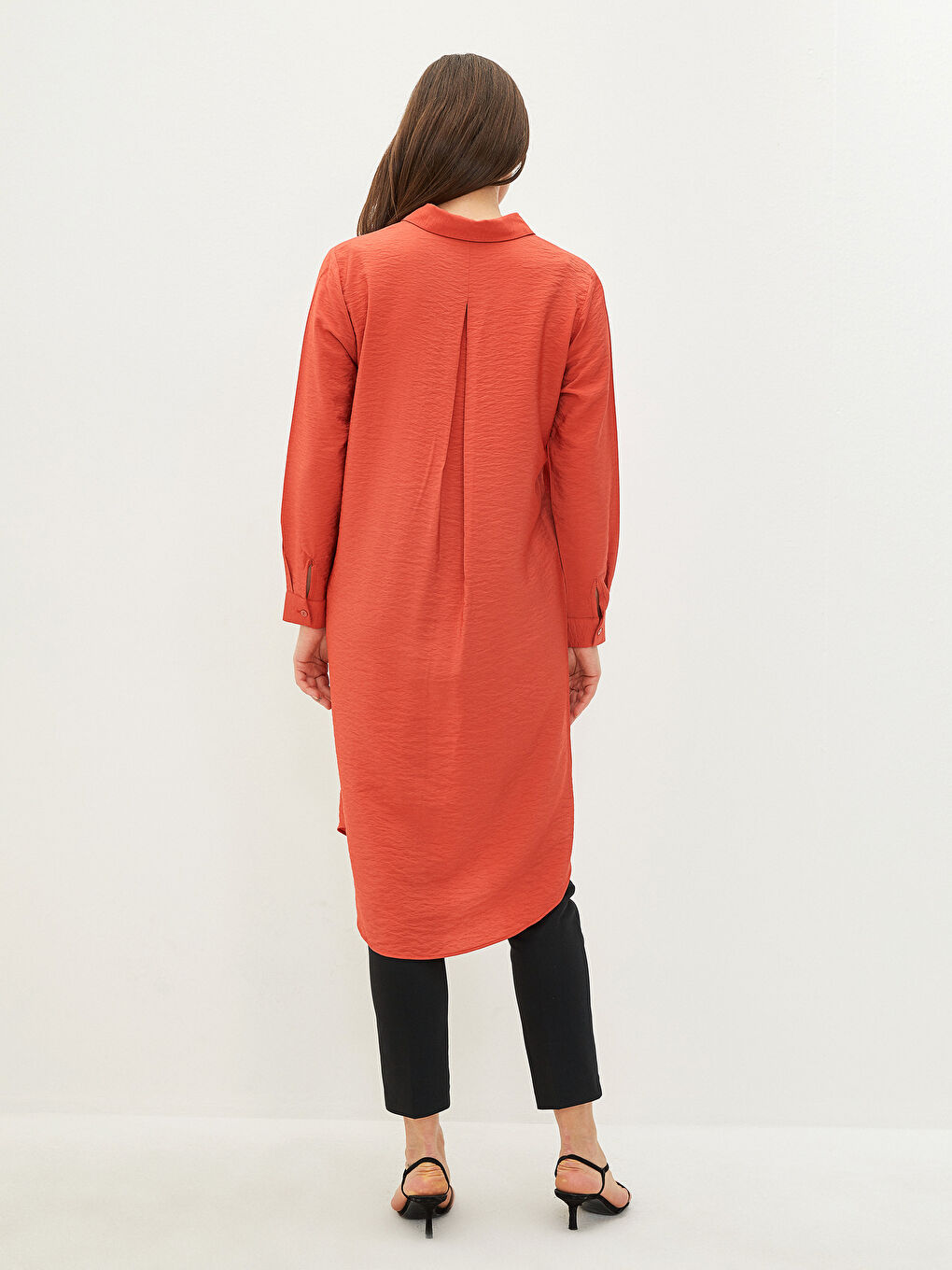 Kırmızı Düz Uzun Kollu Kadın Gömlek Tunik-4