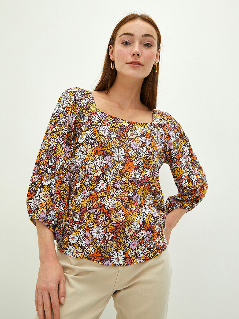 Блузка из вискозы с квадратным воротником, цветочным узором и длинным рукавом для женщин