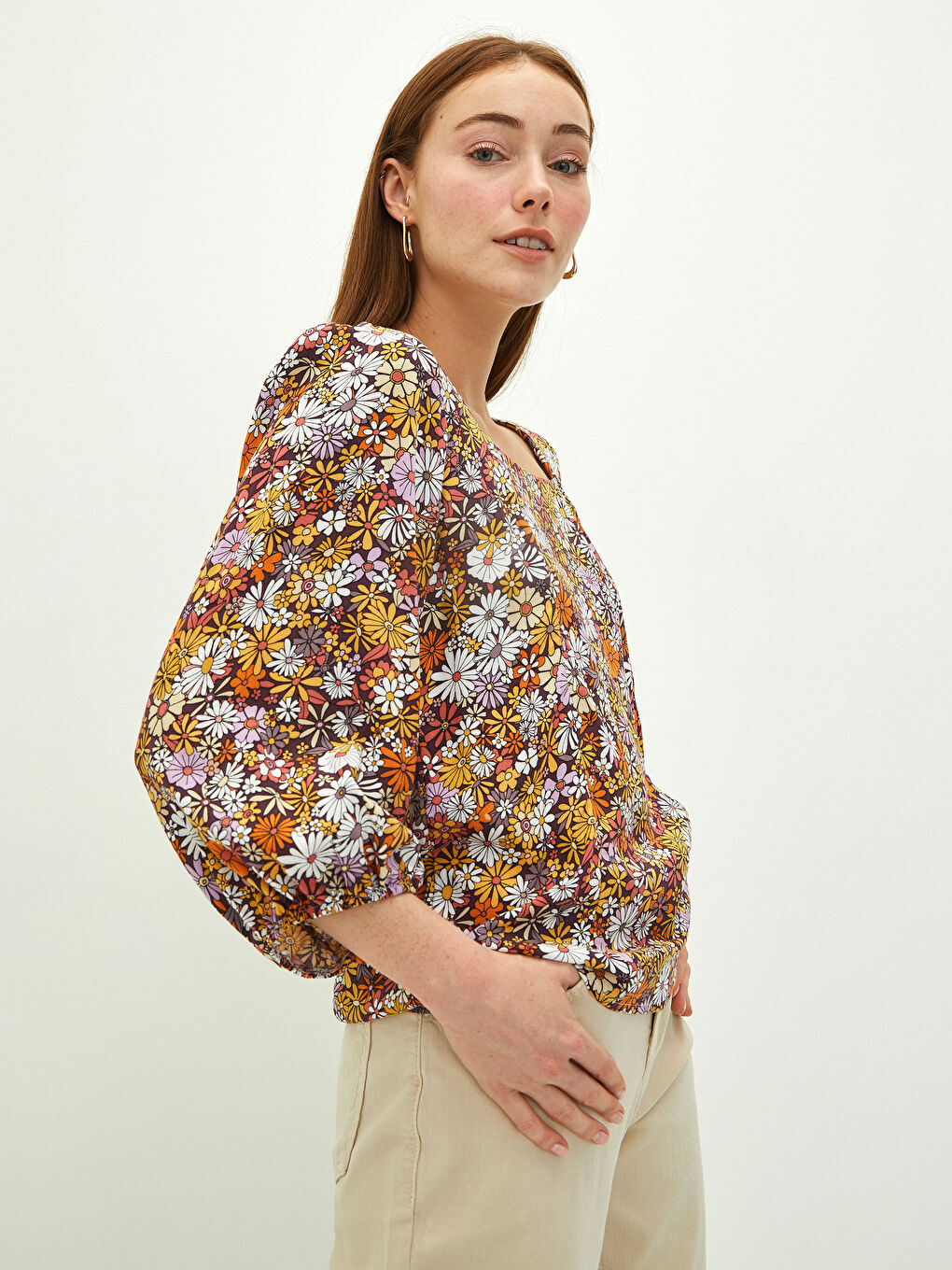 Блузка из вискозы с квадратным воротником, цветочным узором и длинным рукавом для женщин-1