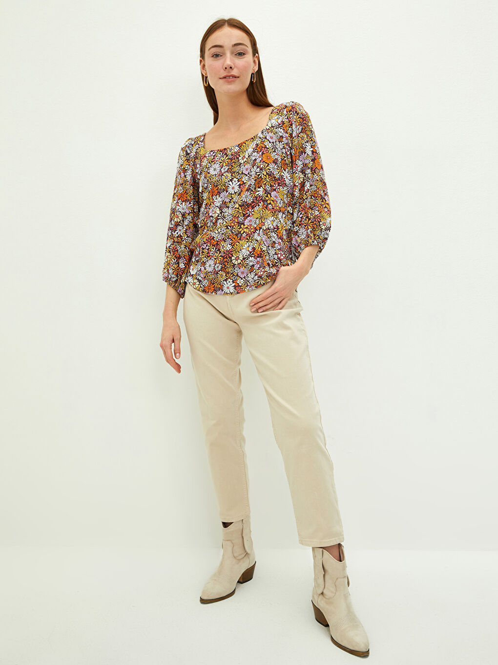 Блузка из вискозы с квадратным воротником, цветочным узором и длинным рукавом для женщин-3