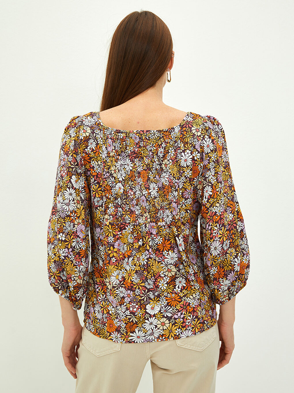 Блузка из вискозы с квадратным воротником, цветочным узором и длинным рукавом для женщин-4