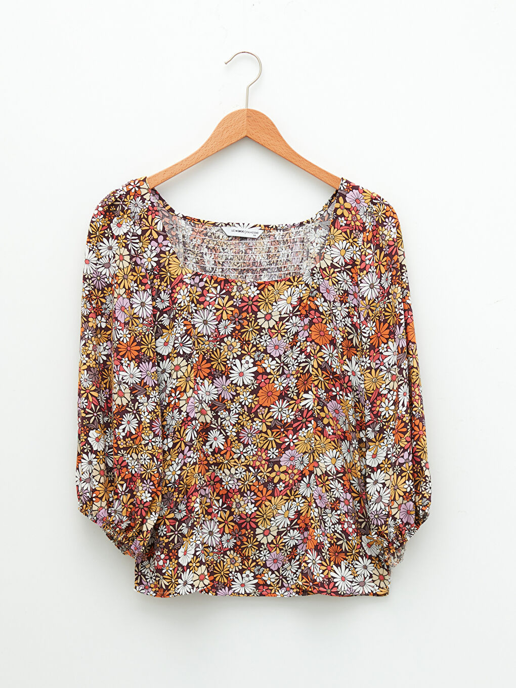 Блузка из вискозы с квадратным воротником, цветочным узором и длинным рукавом для женщин-5