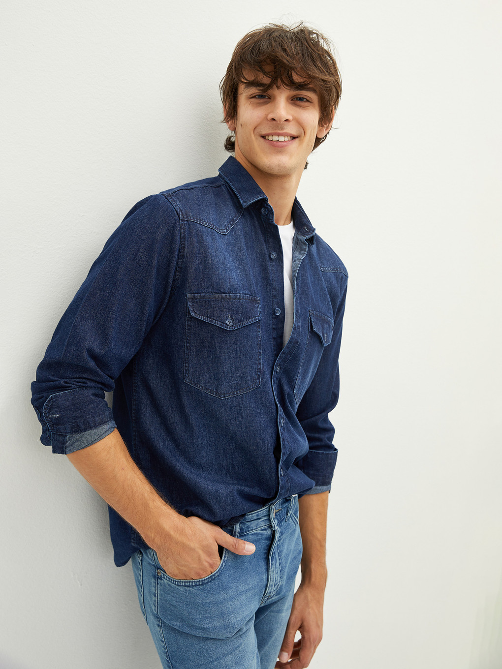 İndigo Slim Fit Uzun Kollu Erkek Jean Gömlek