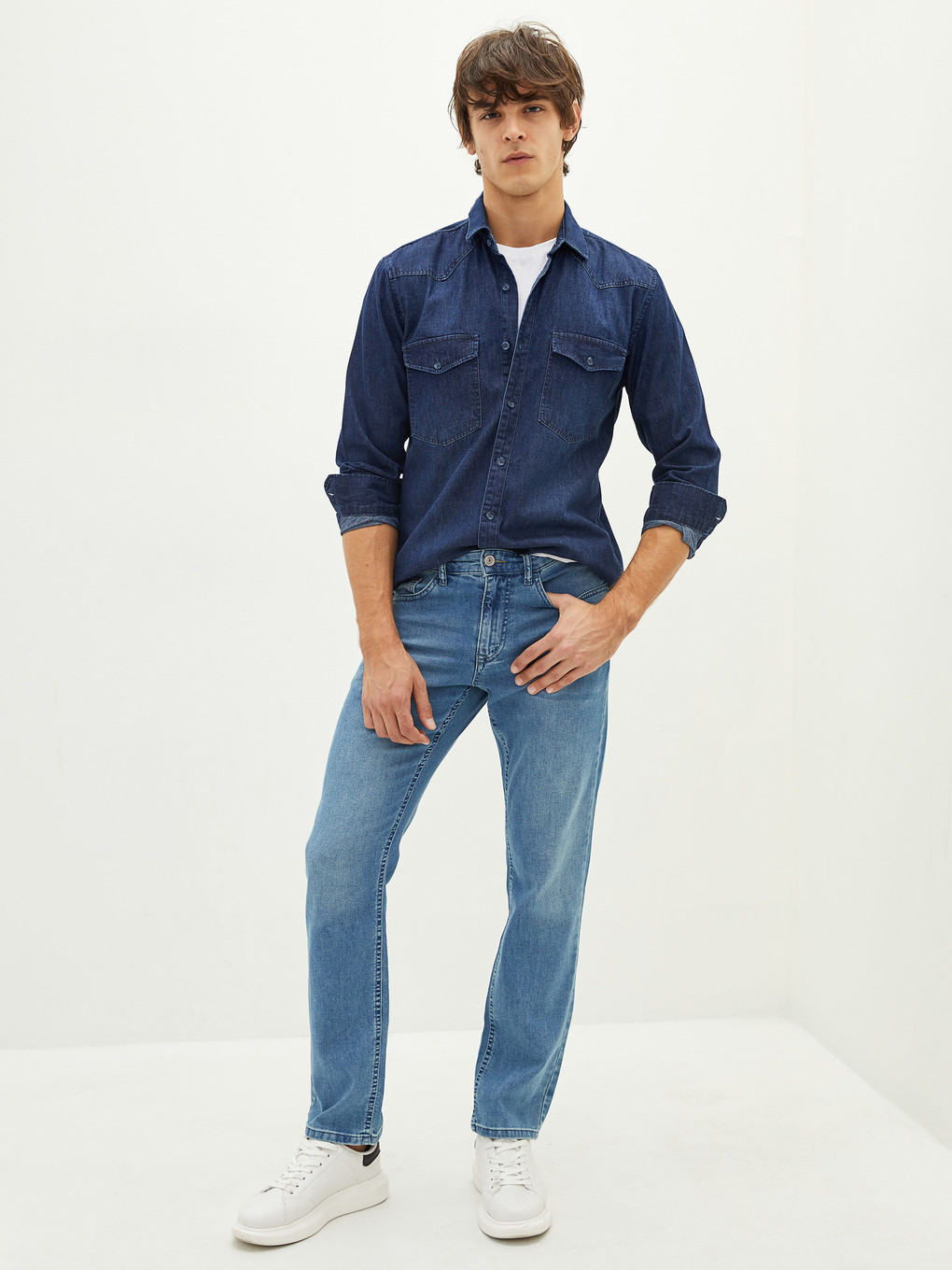 İndigo Slim Fit Uzun Kollu Erkek Jean Gömlek-3