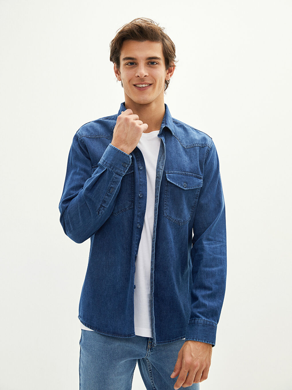 İndigo Slim Fit Uzun Kollu Erkek Jean Gömlek