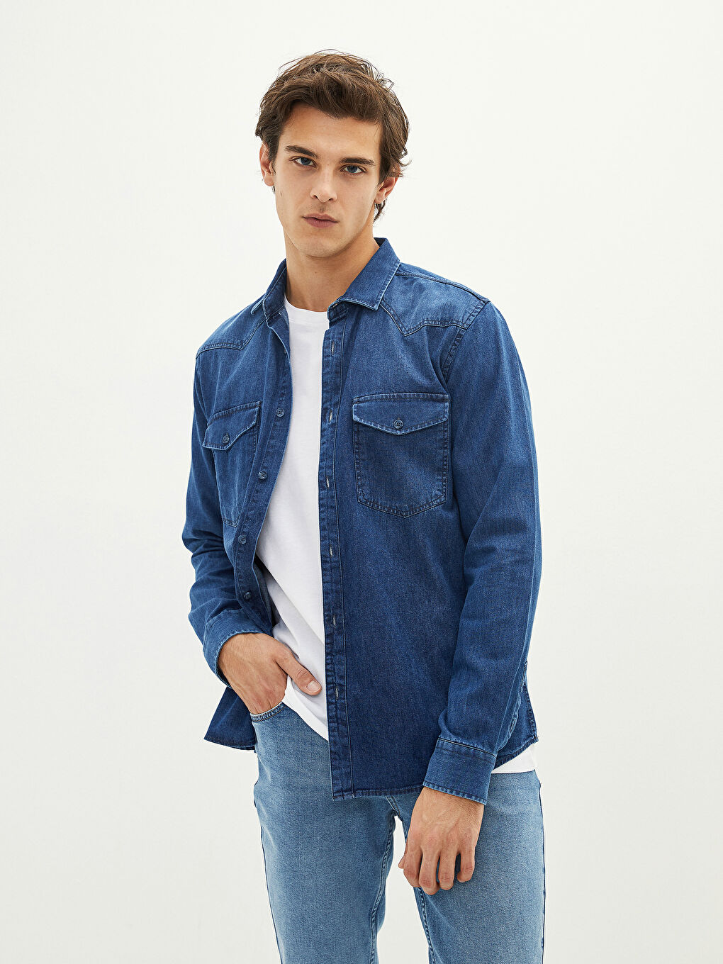 İndigo Slim Fit Uzun Kollu Erkek Jean Gömlek-1